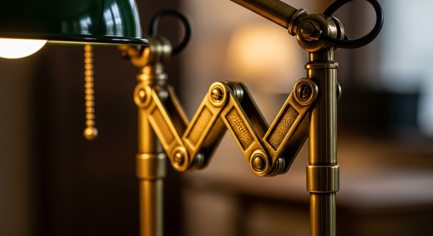 AI_IMAGE: Close-up of the articulating brass joint mechanism on a vintage desk lamp, showing machined brass knuckle joints with warm golden patina, the green enamel shade edge visible above, against a blurred warm-toned interior background | photorealistic warm editorial | 4:5