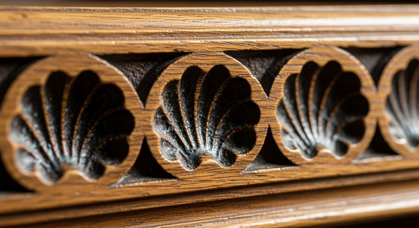 AI_IMAGE: Extreme close-up of carved scalloped oak edge detail showing traces of original blue-grey paint in the carved recesses, the warm honey patina of aged oak on the raised surfaces, shallow depth of field, soft natural light from the side | photorealistic warm editorial | 4:5