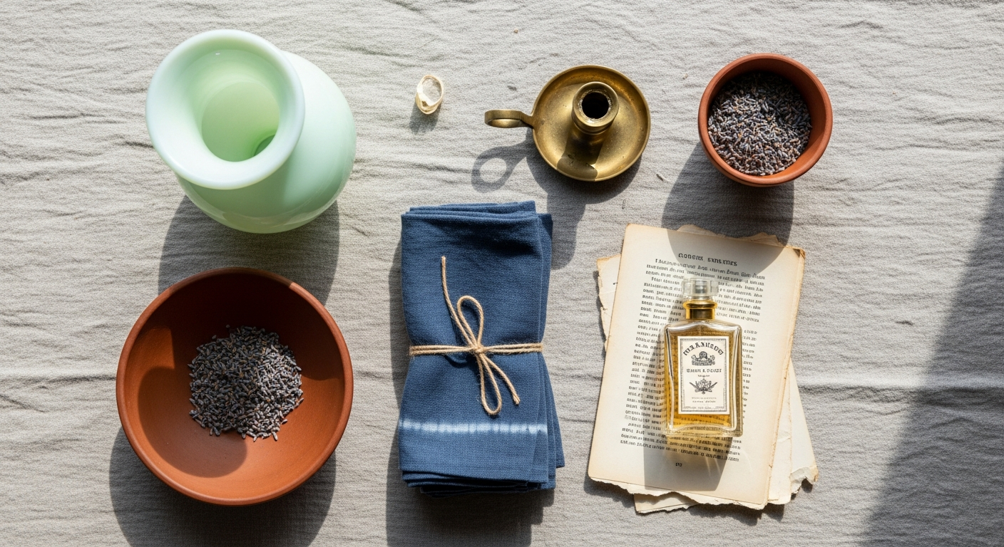 AI_IMAGE: Overhead flatlay on a raw linen tablecloth of curated French brocante finds — a pale green opaline glass vase, a stack of indigo-dyed linen napkins tied with twine, a small brass candlestick, a terracotta bowl with dried lavender, a vintage French perfume bottle, and a hand-torn page from an old book, all arranged with generous negative space and soft natural window light casting gentle shadows | photorealistic | landscape