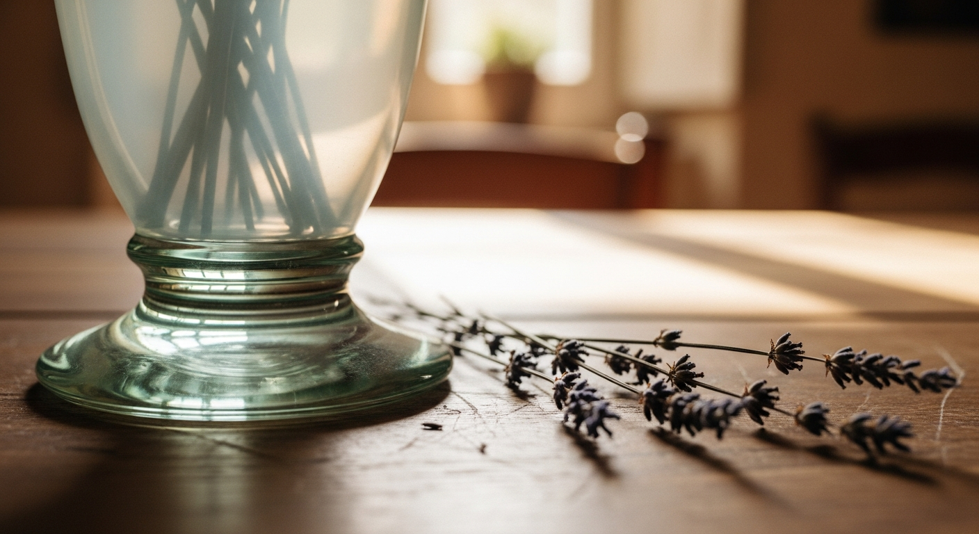 AI_IMAGE: Close-up detail of the base of an opaline glass vase on a worn oak table, showing the translucent celadon tint where light passes through the thick glass wall, a few dried lavender stems resting beside it, soft focus background of a sunlit Provençal interior | photorealistic warm editorial | 4:5