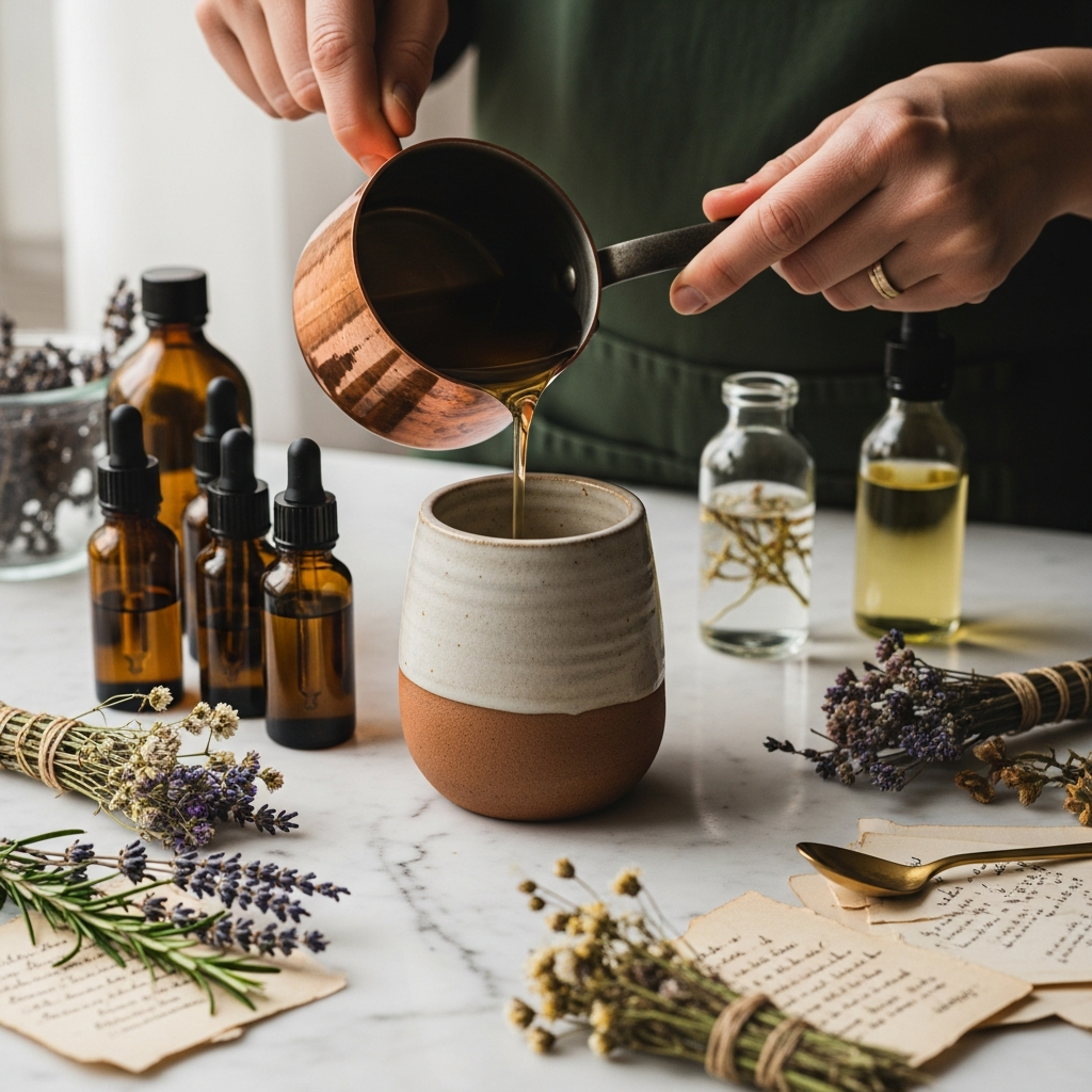 AI_IMAGE: Hands pouring warm melted soy wax from a small copper pot into a vintage ceramic vessel on a marble worktop, with glass bottles of essential oils, dried botanicals, a brass spoon, and handwritten recipe notes scattered around, warm intimate close-up, natural window light, artisanal workshop atmosphere | photorealistic | square