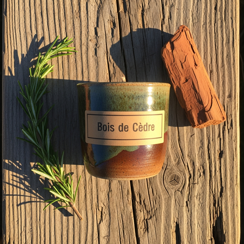 AI_IMAGE: A single hand-poured soy candle in a small glazed stoneware pot with a kraft label reading 'Bois de Cèdre', placed on weathered oak beside a small piece of raw cedarwood and a sprig of rosemary, warm golden-hour light from the side, earthy muted tones, overhead angle | photorealistic | square