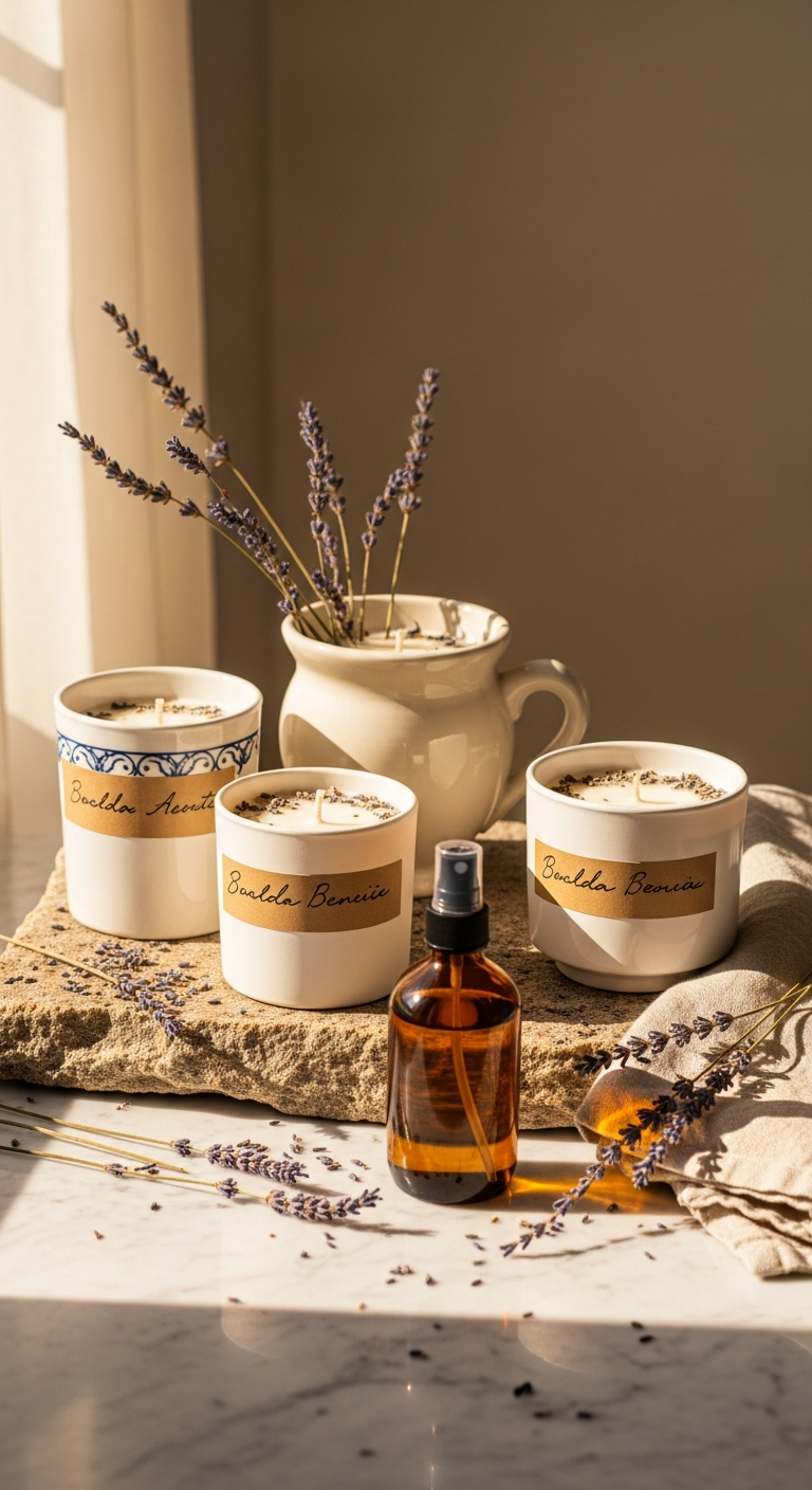 AI_IMAGE: A carefully arranged studio shot on a rough-hewn marble surface — three hand-poured candles in mismatched vintage ceramic vessels with handwritten kraft paper labels, a slender amber glass room spray bottle, scattered dried lavender stems, and a folded linen cloth, all bathed in warm diffused natural window light from the left with soft shadows, cream and honey tones, Provençal still-life feeling | photorealistic | portrait