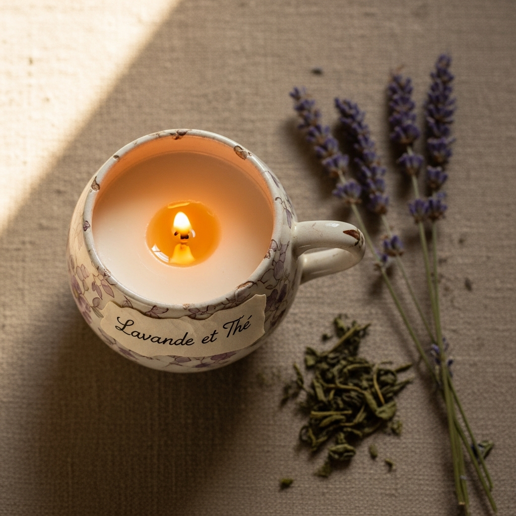 AI_IMAGE: A single hand-poured soy candle in a vintage ceramic cup with a handwritten label reading 'Lavande et Thé', sitting on a rough linen surface next to dried lavender sprigs and a few loose green tea leaves, warm natural light, soft cream and purple tones, overhead angle | photorealistic | square