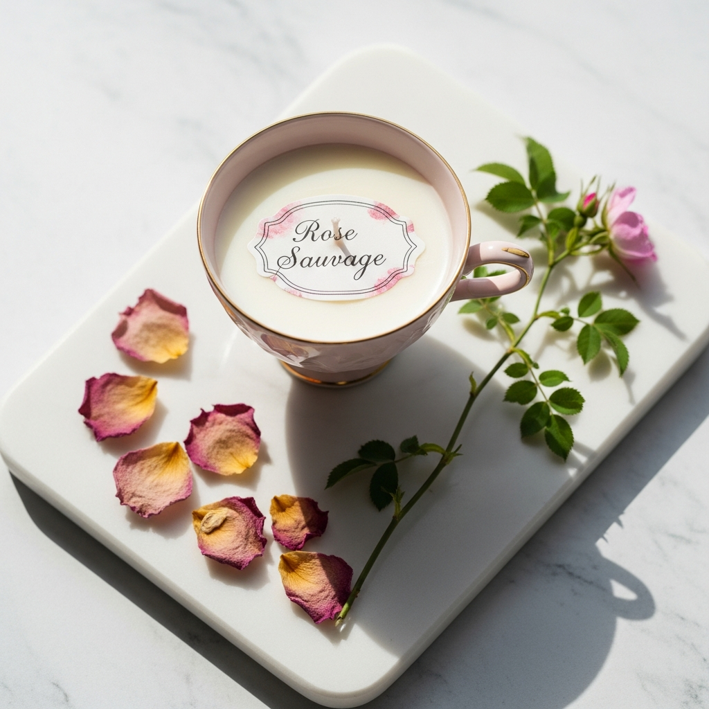 AI_IMAGE: A single hand-poured soy candle in a pale pink vintage teacup with a handwritten label reading 'Rose Sauvage', placed on a marble slab beside scattered dried rose petals and a thin branch of wild dog rose, soft diffused natural light, blush and cream tones, overhead angle | photorealistic | square