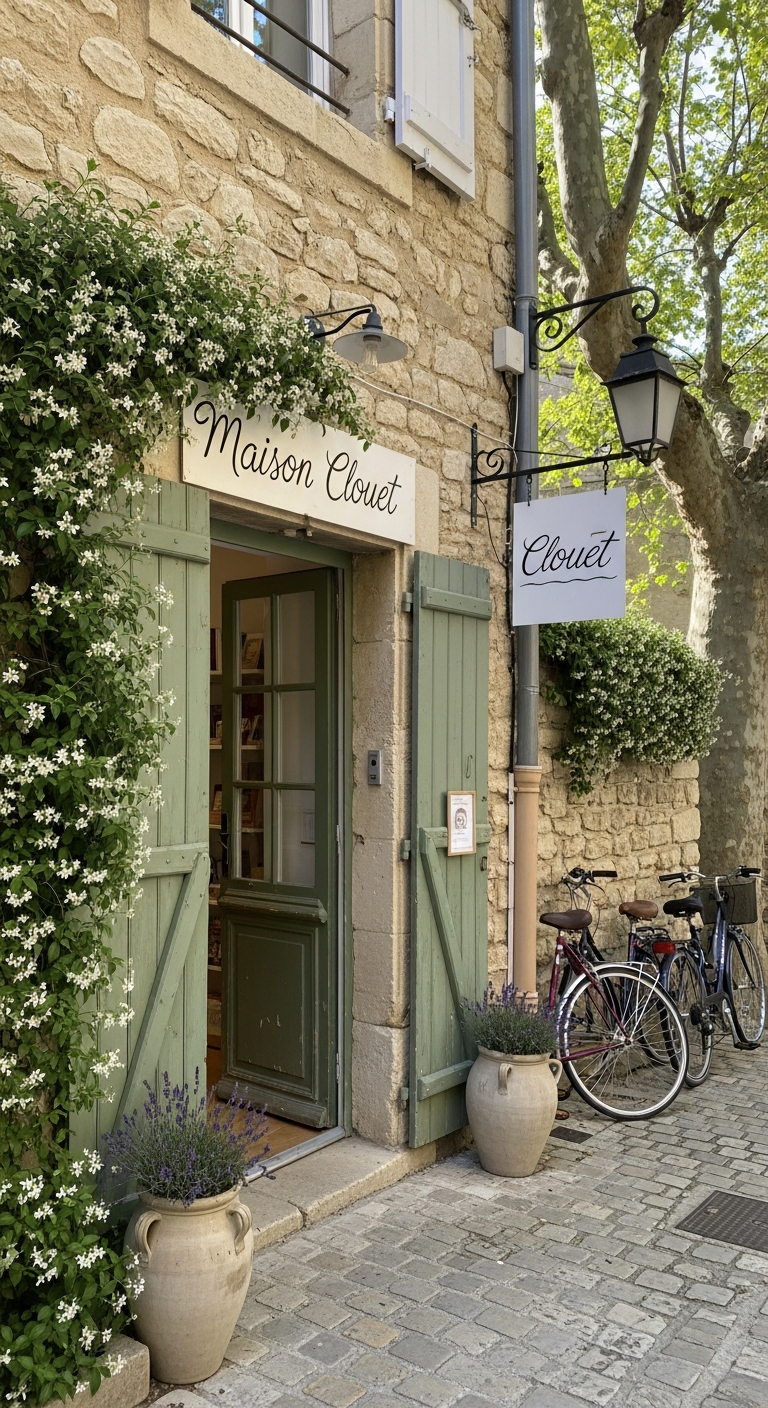 AI_IMAGE: The exterior of a small, charming Provençal concept store tucked behind a bookshop on a quiet cobblestone alley in L'Isle-sur-la-Sorgue — a weathered green-painted wooden door slightly ajar, stone walls with climbing jasmine, a hand-lettered sign reading Maison Clouet, warm afternoon light filtering through plane trees, bicycles leaning against the wall, ceramic pots with lavender flanking the entrance | photorealistic | portrait