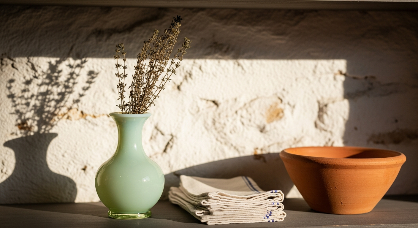 AI_IMAGE: Close-up detail shot of a curated shelf display in a Provençal antique shop — a single 1960s pale green opaline glass vase holding a dried sprig of wild thyme, beside a small stack of vintage French linen napkins and a hand-thrown terracotta bowl, warm natural side light creating soft shadows on whitewashed stone wall behind, shallow depth of field, quiet and contemplative mood | photorealistic | landscape