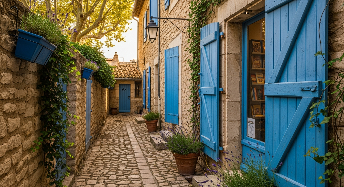 AI_IMAGE: The exterior of a charming Provençal bookshop with weathered stone walls and faded blue wooden shutters, a narrow cobblestone passage beside it leading to a hidden doorway, potted lavender and trailing ivy framing the entrance, warm golden afternoon light filtering through plane tree canopy above, shot from a slight angle showing depth and mystery of the passage — L'Isle-sur-la-Sorgue, Provence | photorealistic | landscape