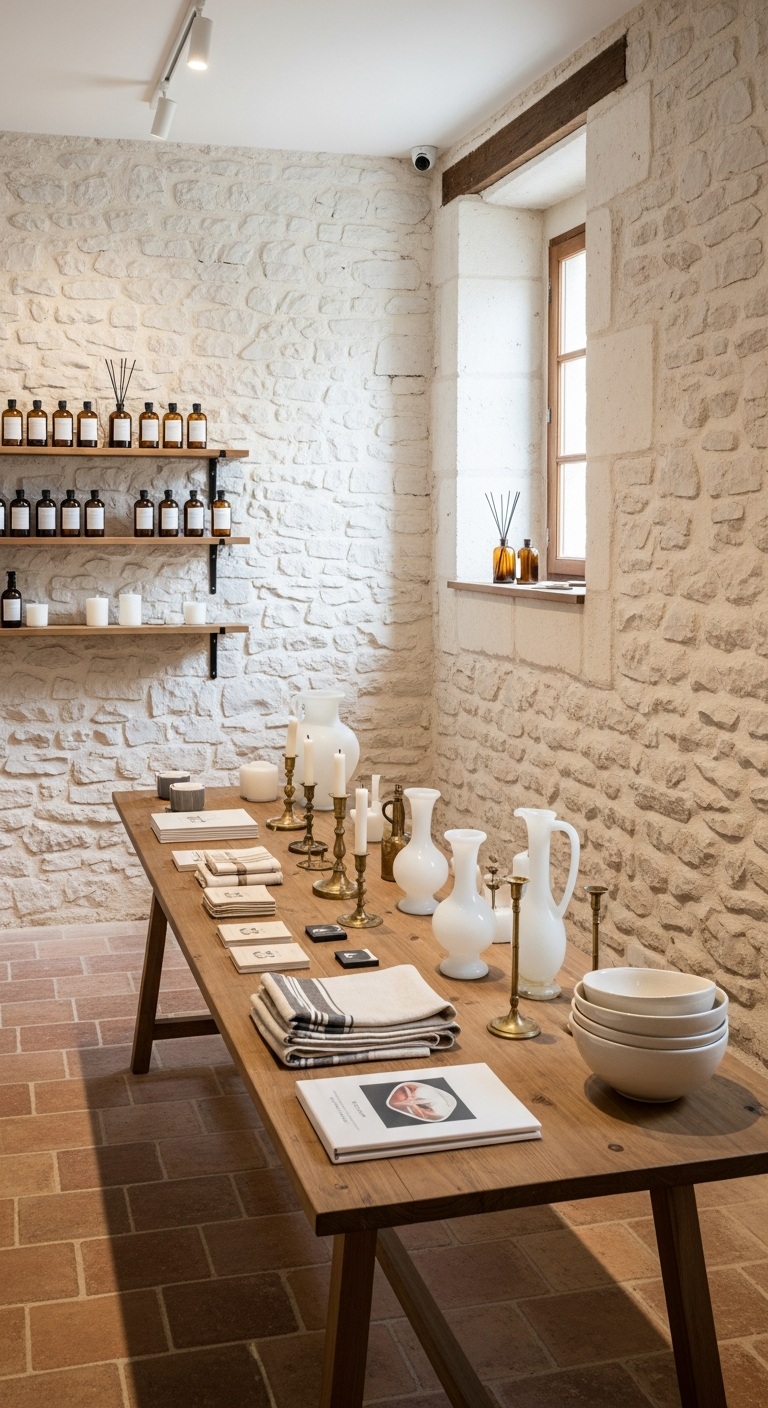 AI_IMAGE: Interior of a small Provençal concept store with thick whitewashed stone walls, old terracotta tile floor, a long wooden table displaying curated vintage objects — opaline glass vases, brass candlesticks, folded linen textiles, ceramic bowls — a wall shelf with amber glass bottles of room spray and candles, warm natural light from a single deep-set window, minimal and carefully arranged | photorealistic | portrait